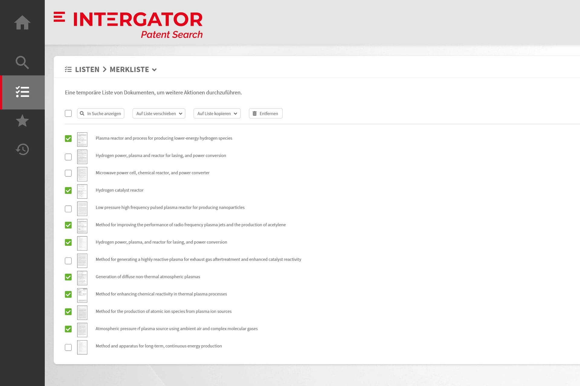 PatSearch - Merkliste